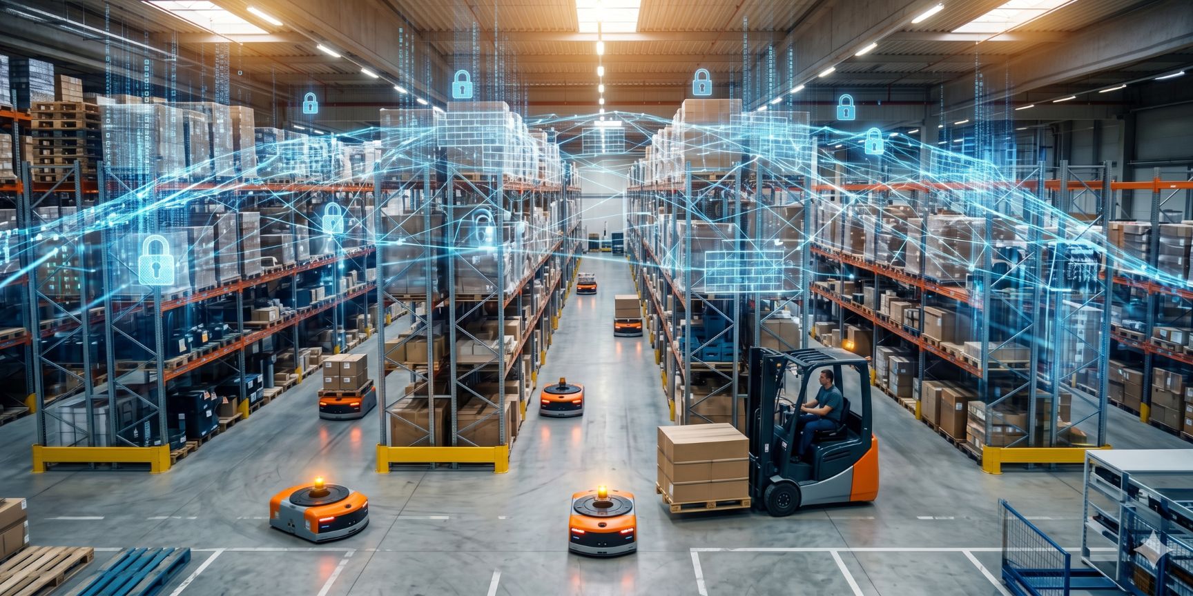 Photo of a modern, automated logistics hall with shelves and AGVs, protected by stylized blue digital security barriers and padlocks.